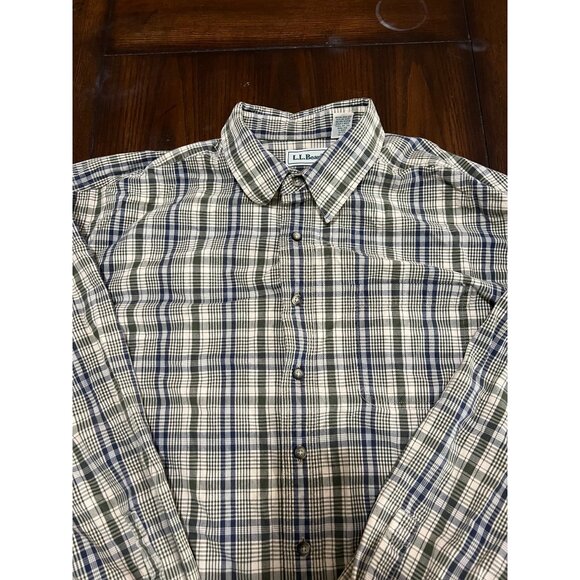 L.L. Bean Plaid Button Down Shirt Blue Green Cream Casual Professional Men's XL - Picture 2 of 6